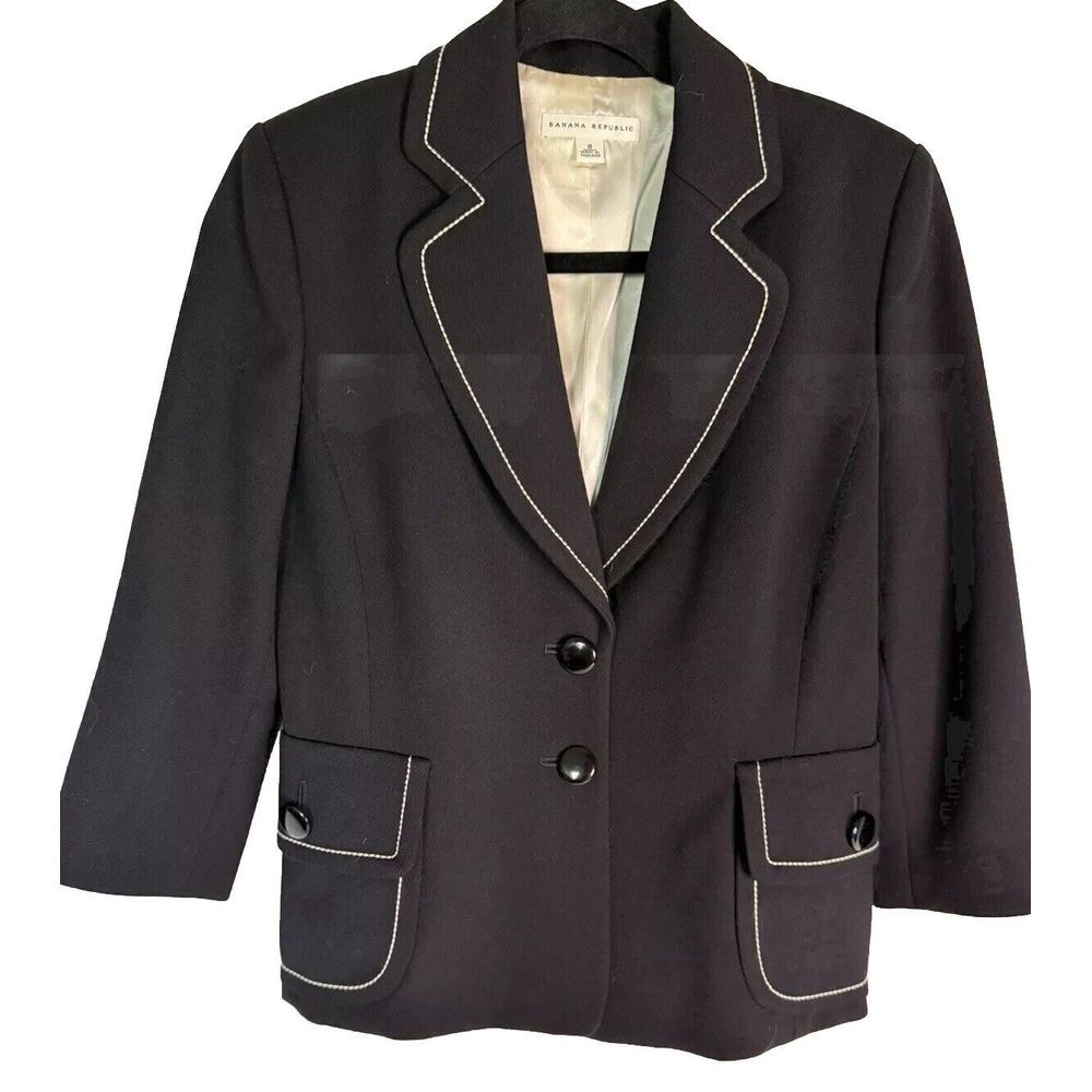 Banana Republic‎ Black Wool Blazer White Piping Size 8 Women's